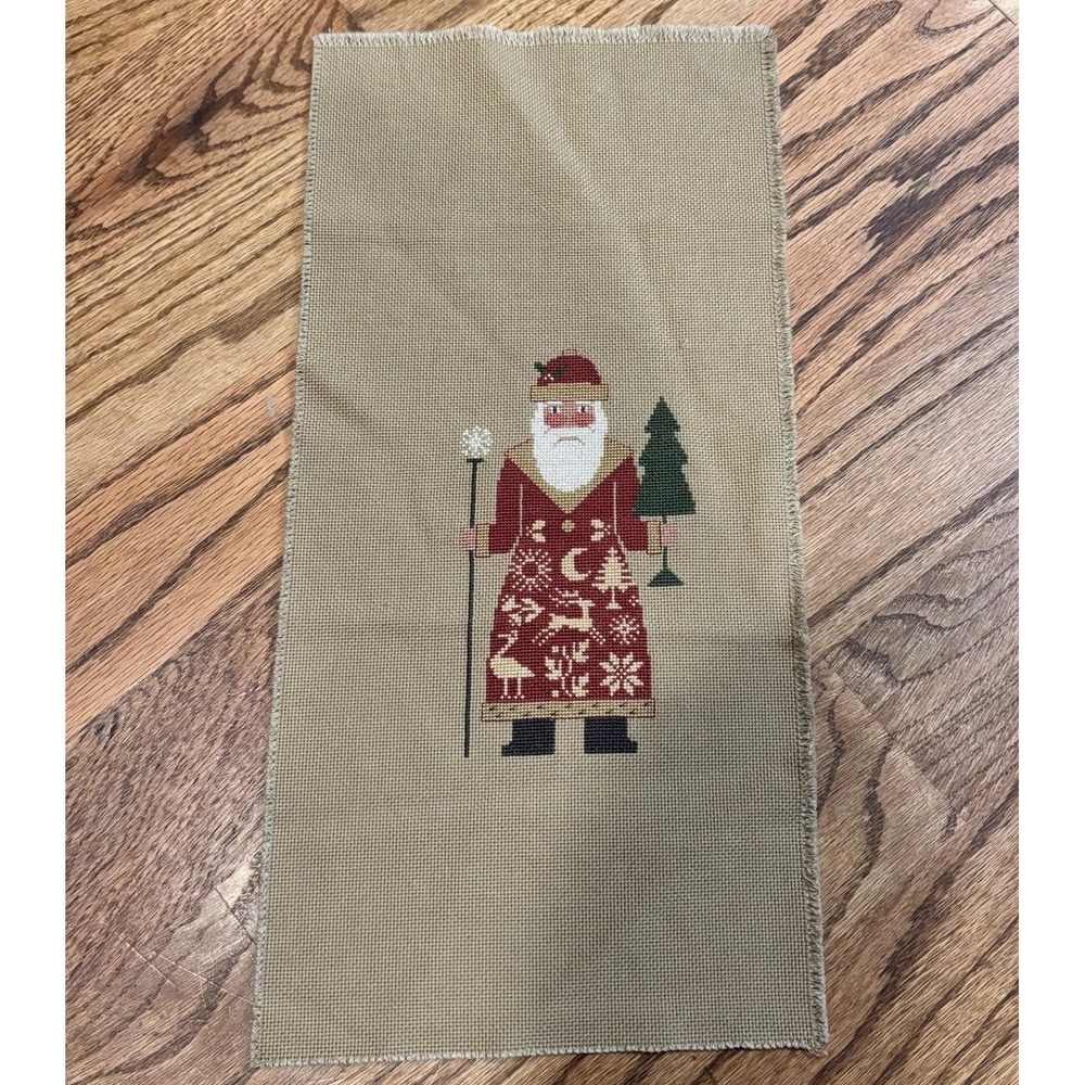 Vintage Completed Needlepoint Santa Christmas Folk Art Holiday Needlework